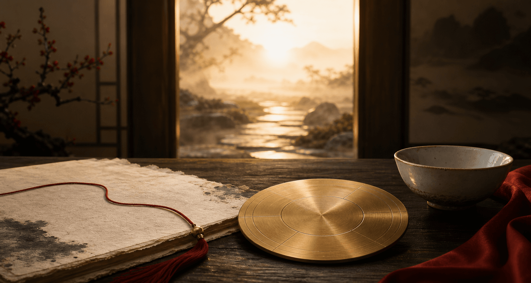 A quiet desk with an open pathway toward warm light