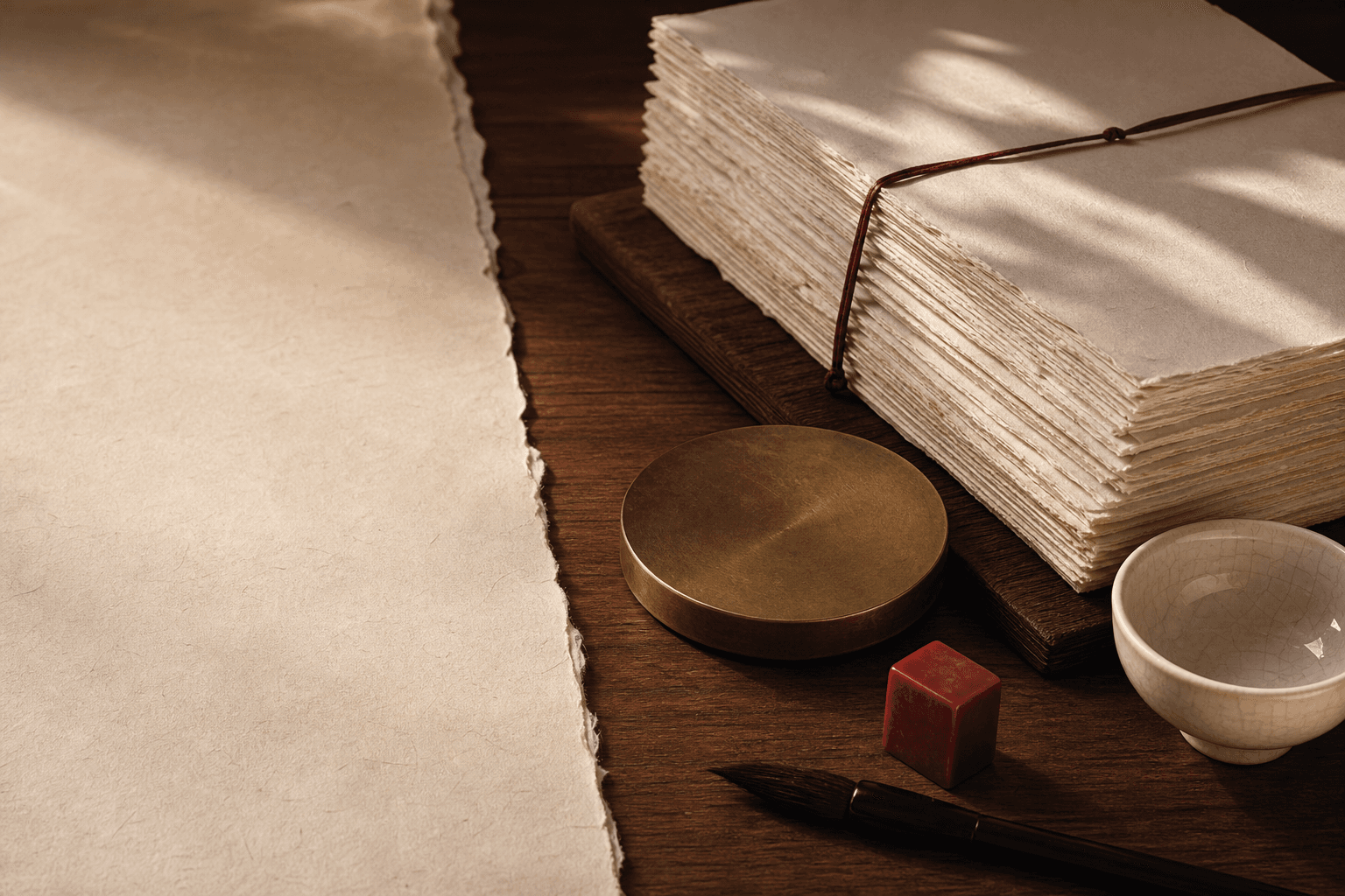Stack of handmade report papers tied with red cord beside a porcelain bowl and brass disc