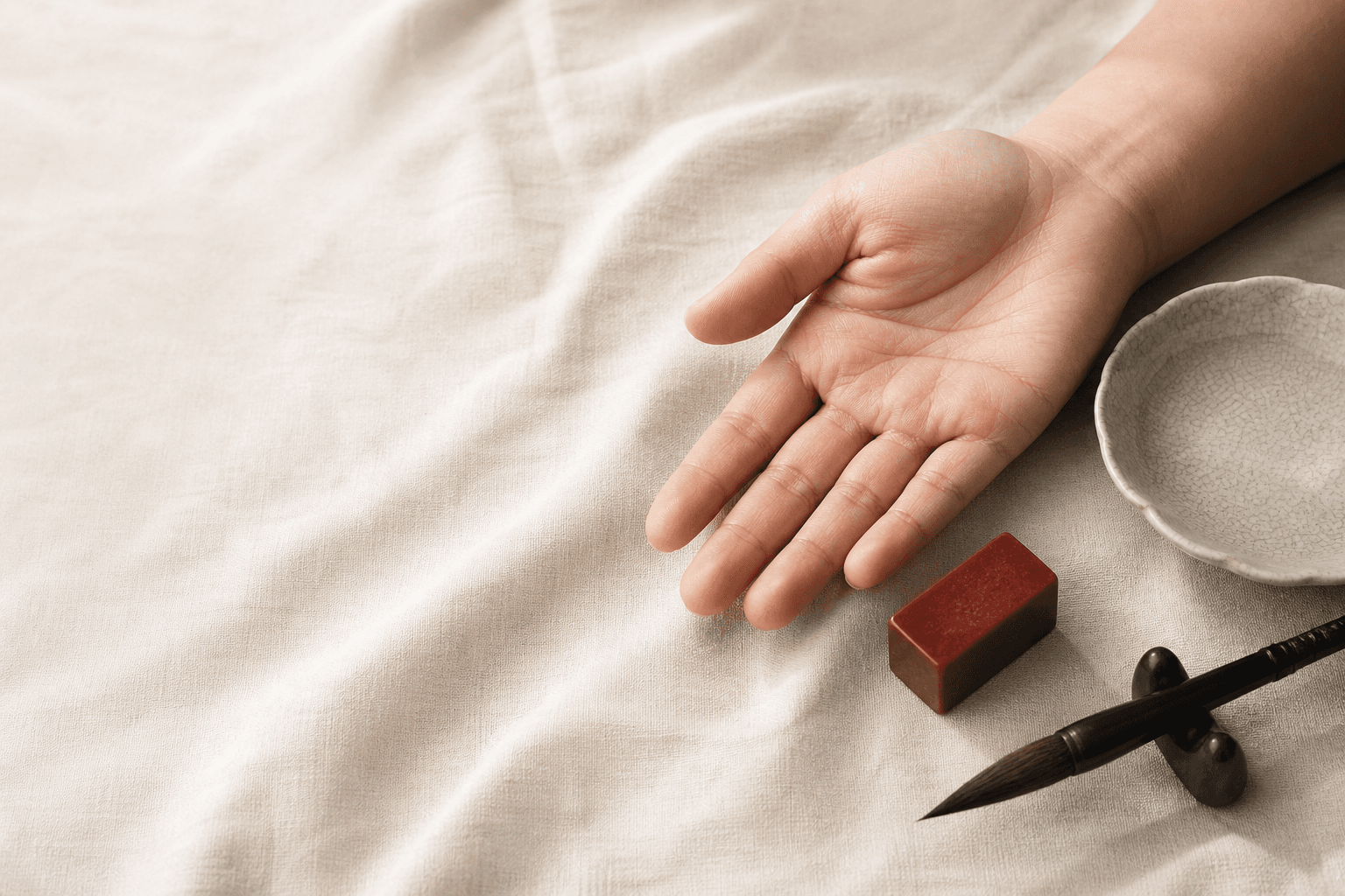 Open hand resting on ivory linen beside a porcelain dish, red seal, and ink brush